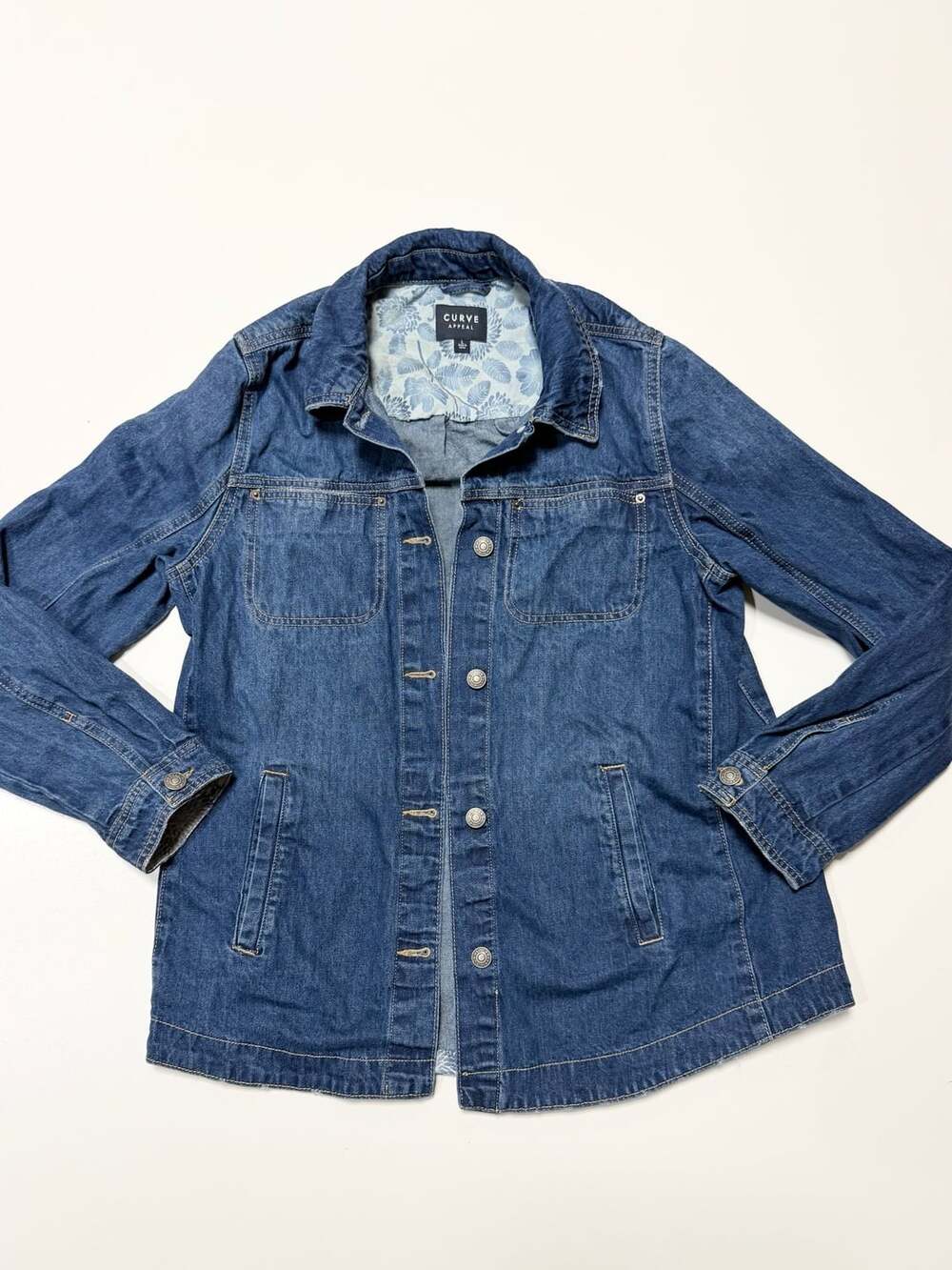 Curve Appeal Women's Large Denim Shirt Jacket Medium Wash Floral Lined Workwear